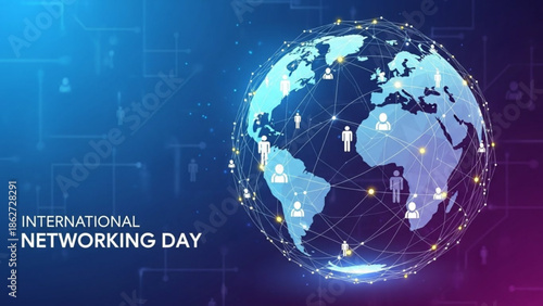 International networking day concept with globe and people connections on blue background with global connections and communication and technology