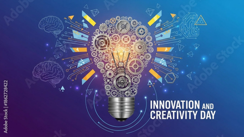 Innovative creative idea light bulb with gears and cogs on blue background for business innovation and creativity day with inspiration and concept