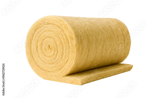 Yellow glass wool thermal insulation material roll for building construction and energy efficiency in home renovation projects to improve heat retention isolated on transparent background
