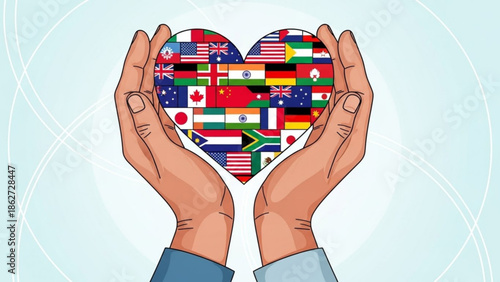Hands holding heart shaped collage of international flags symbolizing global unity and diversity with multicultural and globalization and solidarity