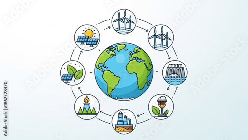 Earth surrounded by renewable energy sources and industrial icons in a circular flow, representing sustainable power generation and environmental conservation