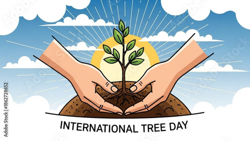 Hands nurturing a young plant on international tree day with sunny sky and clouds with nature and environment and ecology and sustainability