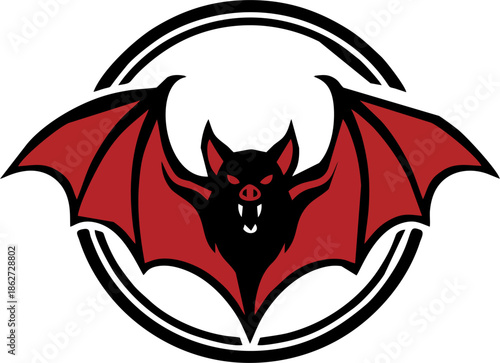 Classic Vampire Bat Emblem in Circular Frame with Red Wings