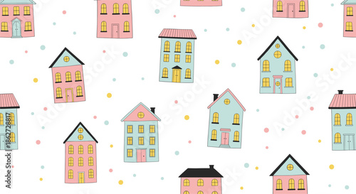 Cute Hand Drawn Houses Seamless Pattern with Colorful Buildings and Dots in Pastel Flat Vector Illustration Style