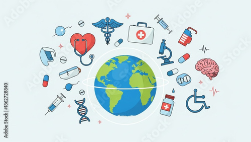 Global healthcare and medical concept with earth surrounded by health symbols and icons with medicine and wellness and fitness and medical research