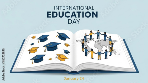 International education day illustration with graduation caps and people around the world on a book with Learning and Global and Diversity and Inclusion