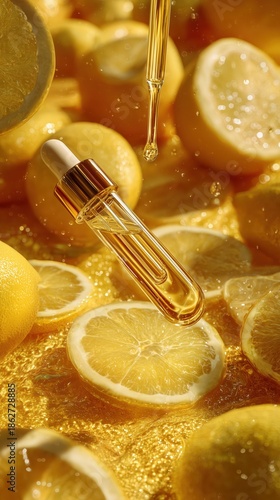 Captivating drop of transparent light yellow against a backdrop of fresh lemons and citrus delight
