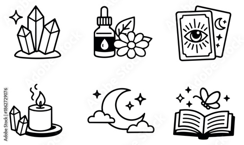 Hand drawn line art mystical elements set featuring crystals, essential oil, tarot cards, candle, moon, and open book for spiritual and wellness themes