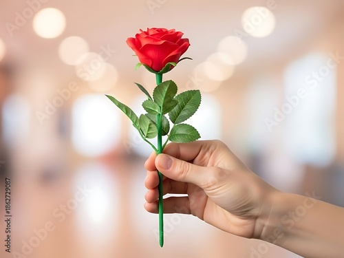 A delicate red rose presented in hand against a soft blurred background