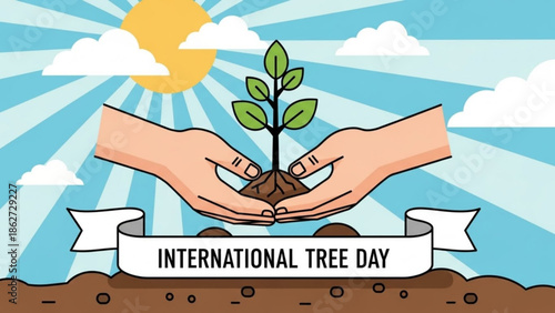 Two hands holding a young plant with green leaves on international tree day with a sunny blue sky and white clouds with hands holding plant and environmental conservation