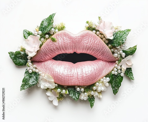 Surreal lips adorned with pearls and delicate greenery create an enchanting floral experience
