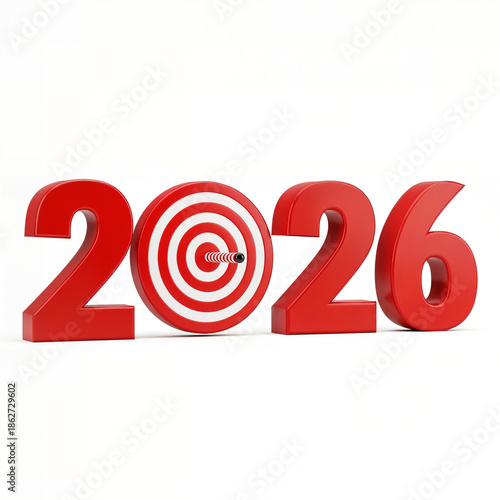 2026 Red 3D Numbers with Target and Arrow - Business Goal Planning, New Year Resolution Concept

