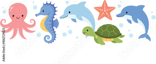 Cute Sea Animal Characters Set with Octopus Seahorse Dolphins Turtle and Starfish in Soft Flat Vector Illustration Style