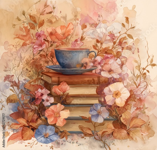 Stack of vintage books with a delicate tea cup surrounded by blooming flowers in a cozy corner