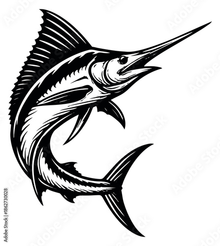 Graphic line art illustration of a marlin depicting a leaping pose for sport fishing