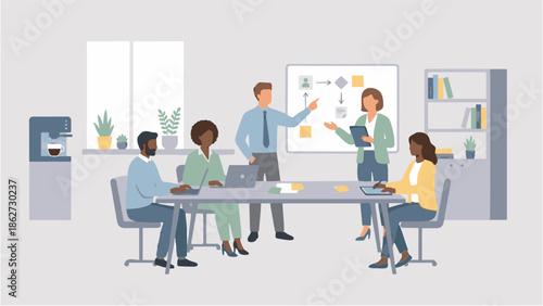A diverse team of professionals collaborating in a modern office environment with a whiteboard presentation and digital devices during a productive business meeting on transparent background