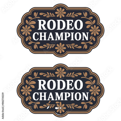Rodeo champion vintage emblem collection featuring ornamental frames and typography, western style badge design ideal for cowboy events, branding, labels, posters, and classic graphic illustrations.