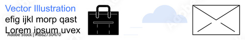 Cloud storage, data management, email communication, secure file sharing, business tools, document organization. Minimal design a briefcase, cloud shape and envelope symbol. Cloud storage and email