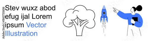 Innovation, brainstorming, presentations, project management, decision-making, teamwork. A tree, a rocket taking off and a person pointing with a tablet. Innovation and brainstorming ideas concept