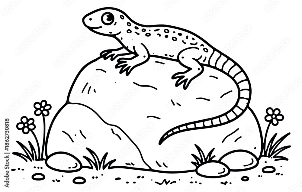 Obraz premium Hand drawn line art illustration of a lizard depicting it perched on a rock for nature exploration and coloring