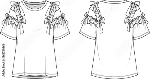 Fashion Technical Sketch of a Women's Ruffle Sleeve Top Featuring Cold Shoulder Cutouts Decorative Bows and Detailed Flat Vector Outlines