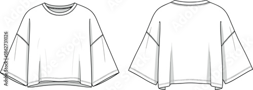 Flat Vector Illustration of a Women’s Oversized Cropped T-shirt Technical Sketch Front and Back View for Fashion Design Mockup Template