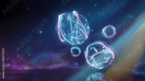 Glowing Glass Objects in Dark Space.