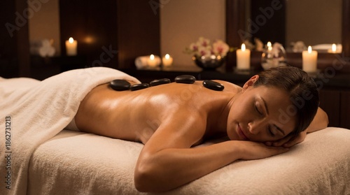 Relaxed woman receiving a hot stone massage on her back in a dimly lit luxury spa salon with candles in the background, enjoying a peaceful wellness therapy session.