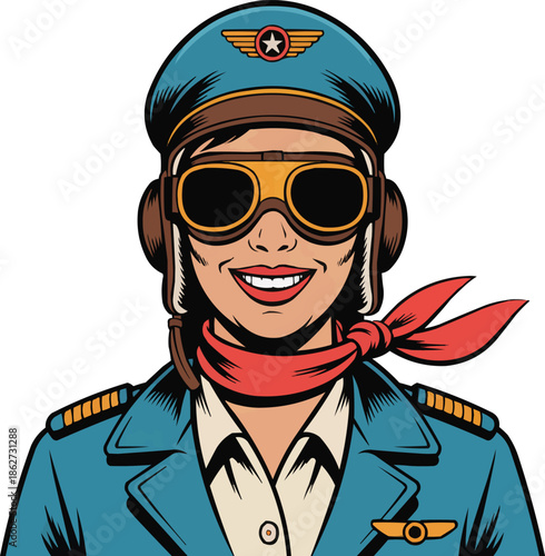 Vintage Aviator Pop Art Illustration Set Cheerful Female Pilot and Empowerment