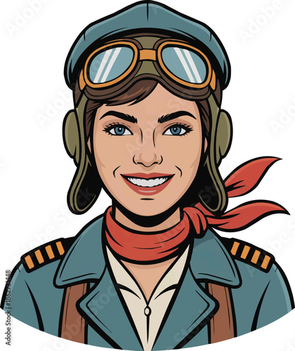 Vintage Aviator Pop Art Illustration Set Cheerful Female Pilot and Empowerment