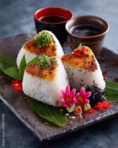 Traditional Japanese Onigiri Rice Balls with Grilled Topping and Fresh Herbs, Authentic Japanese Cuisine Served on Ceramic Plate with Tea, Restaurant Style Food Photography