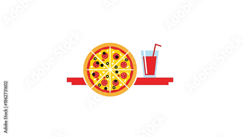 A pizza, sliced, topped with pepperoni and olives, and a drink with a straw, all on a red surface, depicted in a flat graphic style
