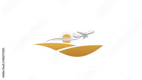 A plane soars above golden hills with the sun setting, creating a travel-themed logo. The image features a minimalistic design