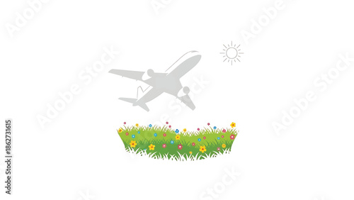 A plane takes off from a grassy patch with flowers, under a simple sun illustration. The scene is bright, with a minimalist design