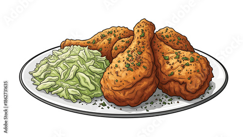 A plate filled with crispy fried chicken drumsticks and a side of green, leafy coleslaw. Garnishes are sprinkled