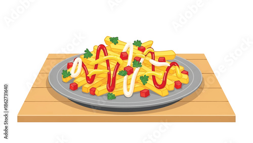 A plate of seasoned fried potato sticks, drizzled with various sauces and small garnishes, rests on a wooden surface. The illustration showcases deliciousness