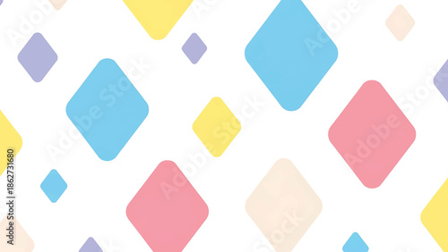 A playful geometric pattern with colorful, rounded diamond shapes scattered across a white background. The shapes create a whimsical design