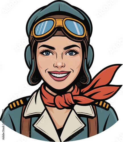 Vintage Aviator Pop Art Illustration Set Cheerful Female Pilot and Empowerment