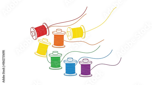A playful illustration depicts spools of thread in rainbow colors, with their strands flowing outwards. The design evokes creativity and crafts