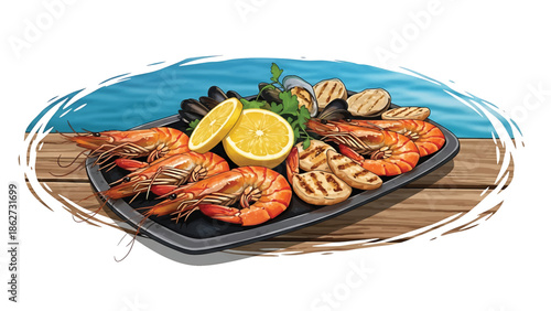 A platter of grilled seafood, including shrimp, mussels, potatoes, and lemon, over a wooden deck against an ocean backdrop