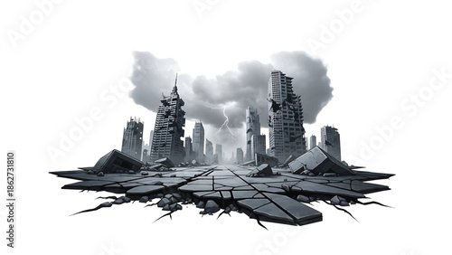 A post-apocalyptic cityscape with ruined skyscrapers and a cracked, desolate ground. Storm clouds gather overhead, illuminated by lightning strikes. Destruction