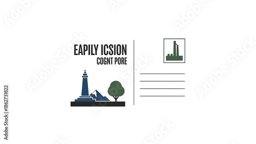 A postcard design with a lighthouse, mountain, and tree illustration, with text "EAPILY ICSION" and "COGNT PORE",  plus a small box with a geometric shape inside