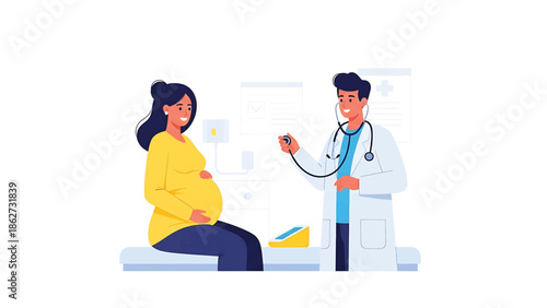 A pregnant woman is sitting on an exam table while a doctor examines her with a stethoscope, flat illustration