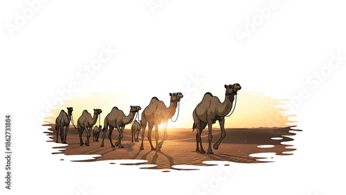 A procession of camels traverses a desert landscape at sunset, casting long shadows. This illustrative scene evokes a sense of journey