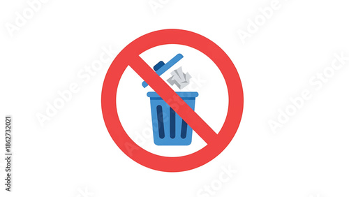 A red circle with a line through it, over an image of a blue bin, filled with crumpled paper, indicating prohibition