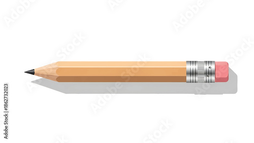 A realistic illustration of a yellow pencil with a pink eraser, a silver ferrule, and a dark point, casting a shadow