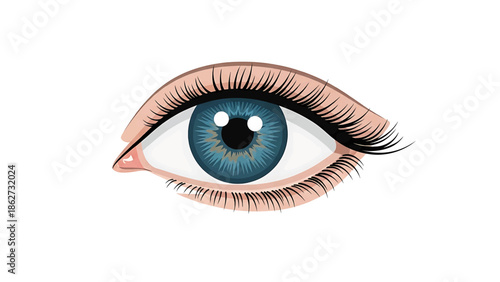 A realistic depiction of a human eye. The eye features a blue iris, surrounded by skin and eyelashes on a white backdrop