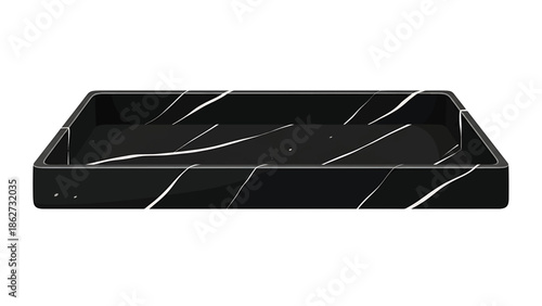 A rectangular, dark tray with a glossy finish. It has white veining patterns across the surface, giving it a marble-like appearance