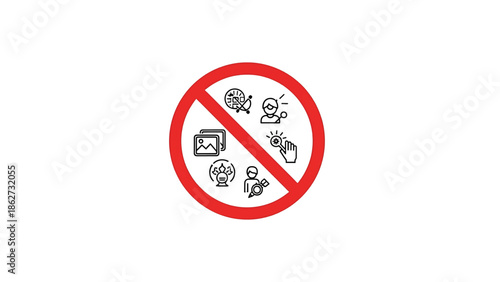 A red circle with a slash through it, containing black line-art icons depicting various concepts, set against a plain white background