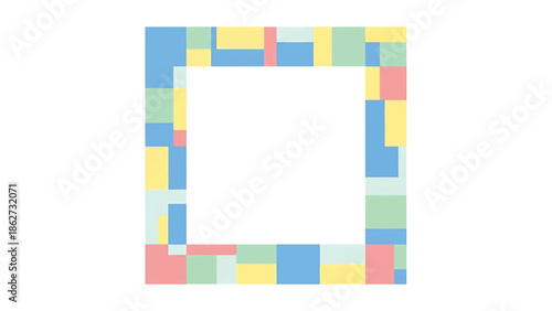 A rectangular frame is formed by colorful, overlapping square and rectangular blocks arranged around a white interior space